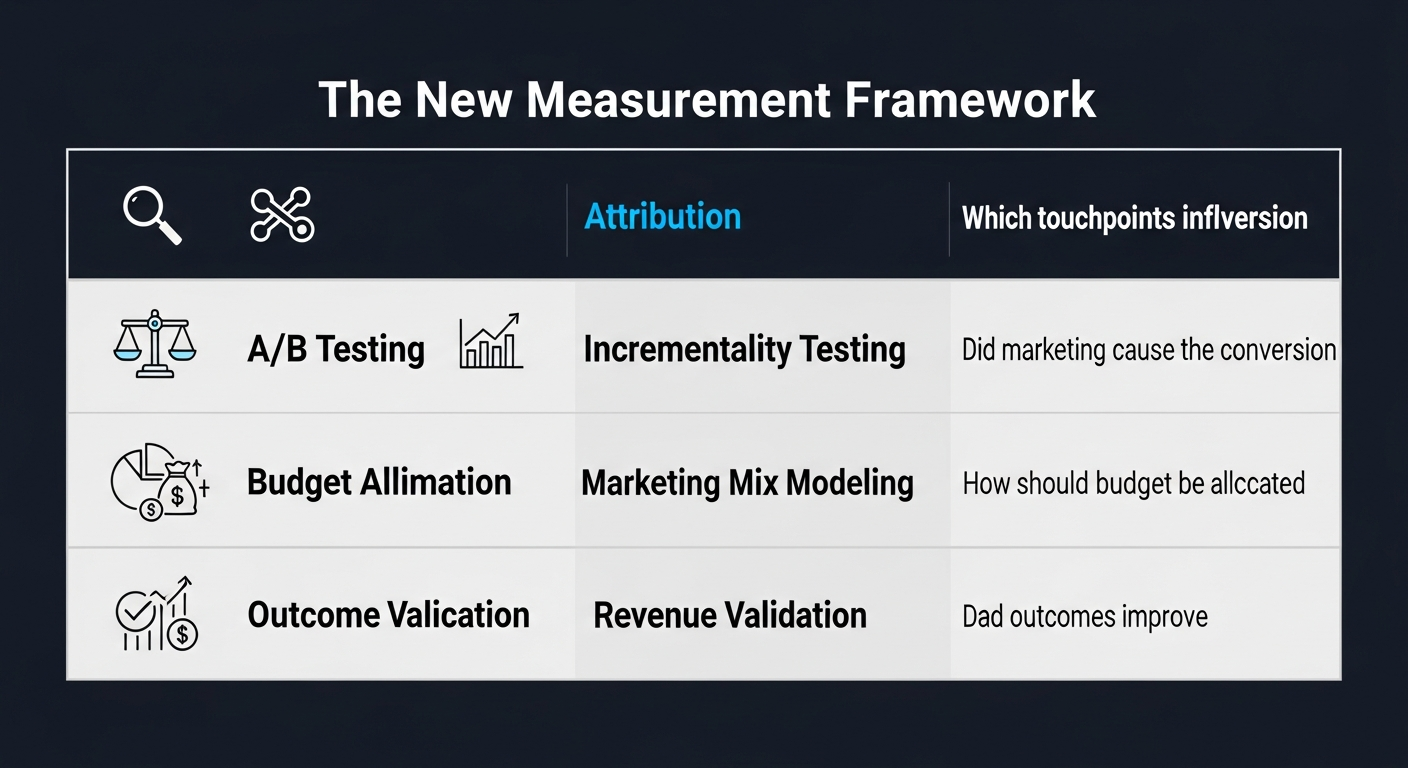 The new marketing measurement framework — combining attribution, incrementality testing, marketing mix modeling, and revenue validation